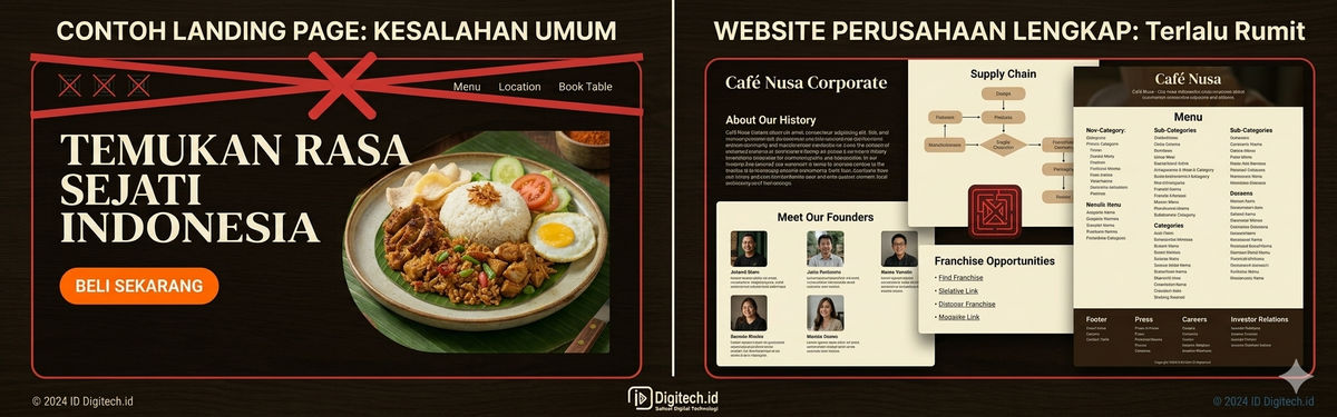 Ilustrasi Kesalahan Umum Menggunakan Landing Page Dengan Navigasi Dan Website Perusahaan Yang Terlalu Rumit