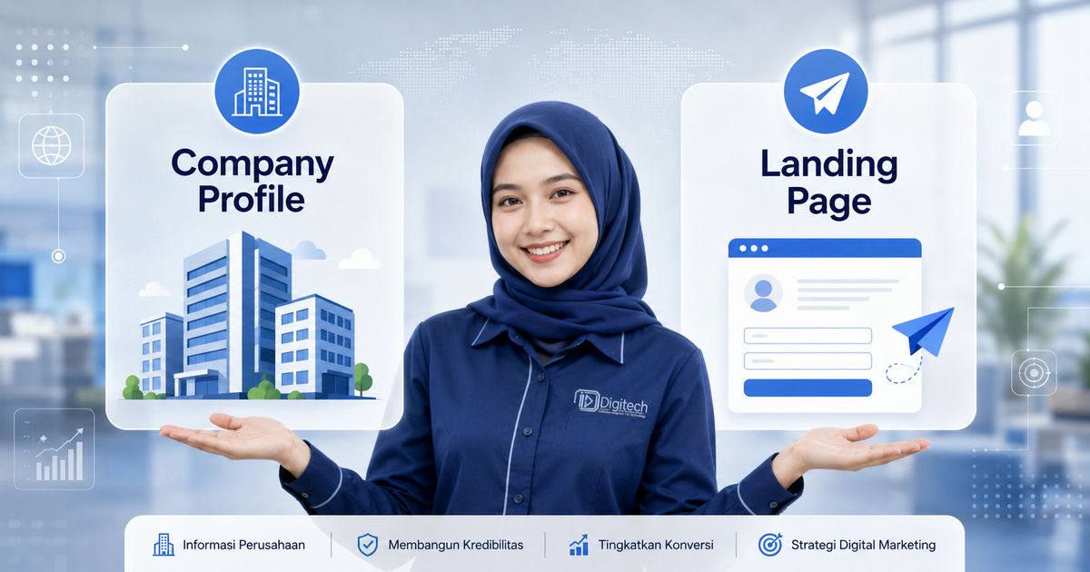 Perbedaan website perusahaan company profile dan landing page.