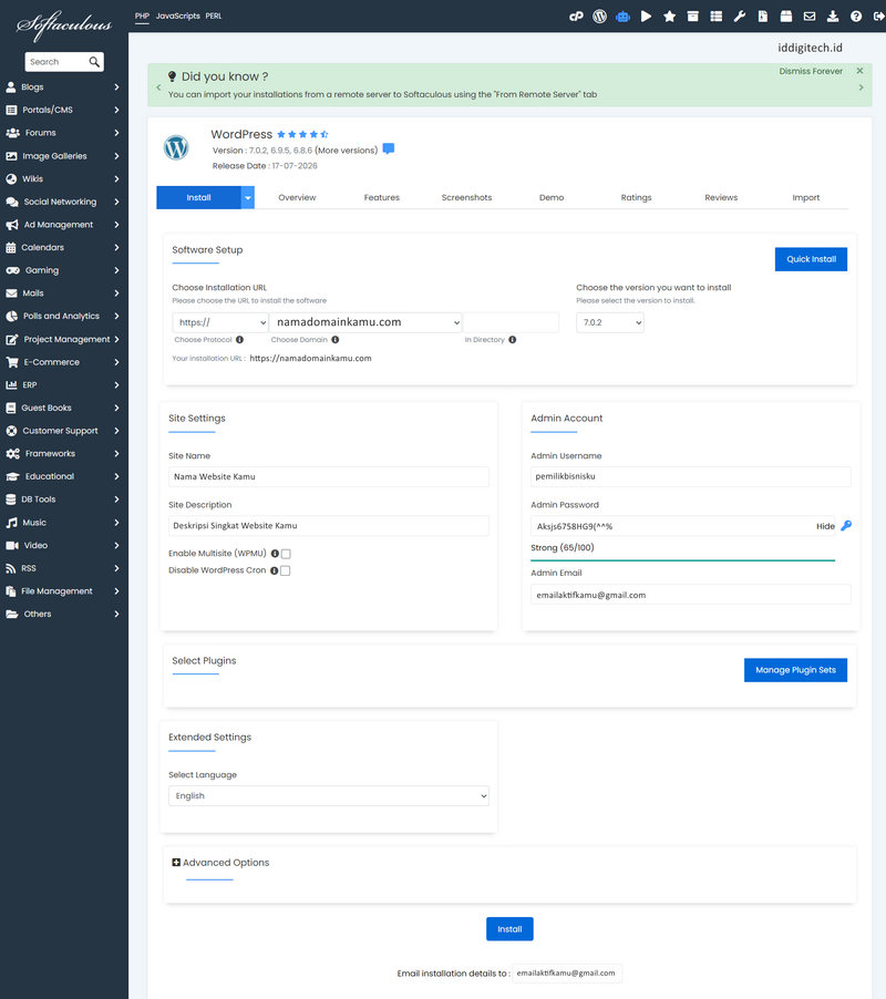 Cara Install Wordpress Dengan Softaculous Apps Installer