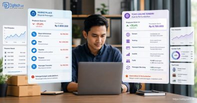 Seller membandingkan fee marketplace dan biaya website toko online sendiri