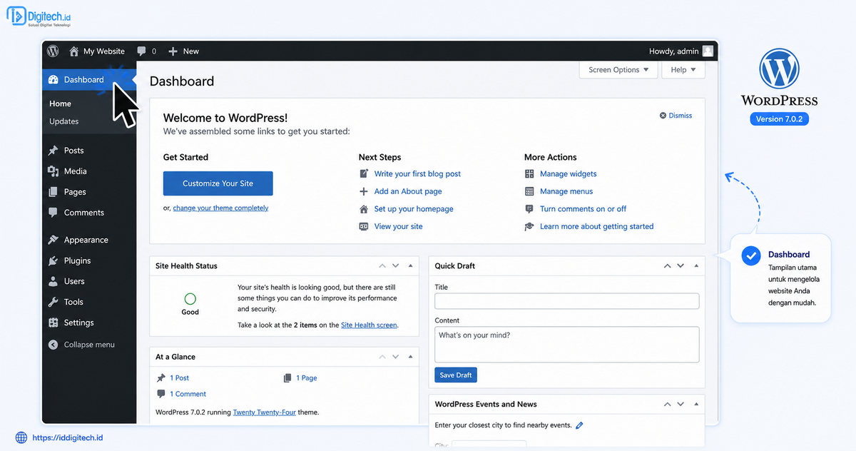 Tampilan Dashboard WordPress Setelah Berhasil Instalasi